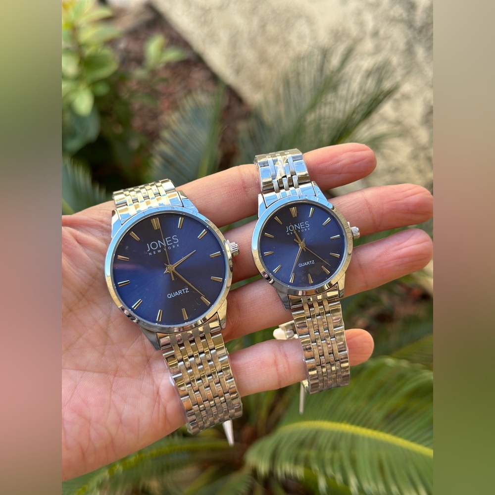 🆕 Jones New York His & Hers Watch Chrome Blue Face Bracelet Watch Gift Set - Picture 4 of 15